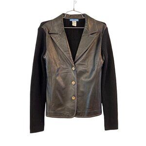 White + Warren Womens Knitted Blazer Jacket Black Lambskin Leather Button Small
